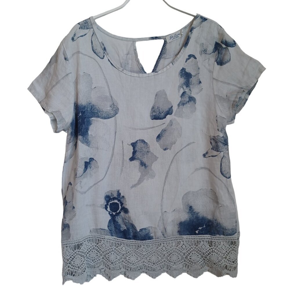 Blue Orchid Linen Top Crochet Lace‎ Hem Detail Short Sleeves Floral Womens Small